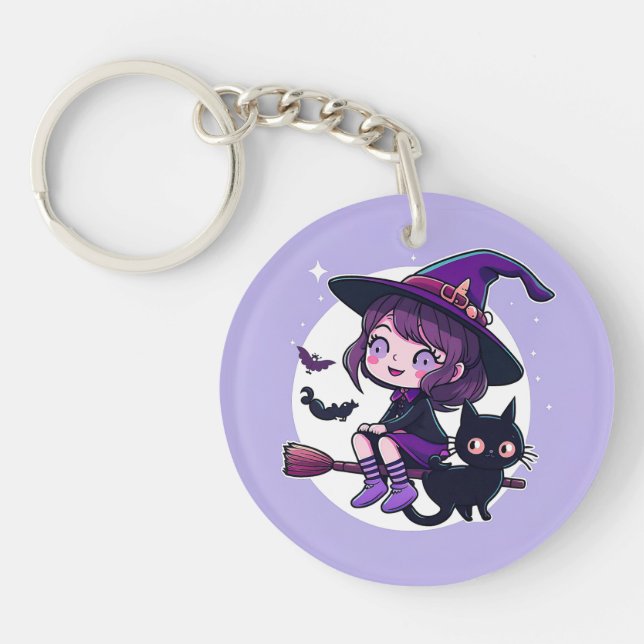 Cute Witch with a Broom Black Cat Bats Moon | Keychain (Front)