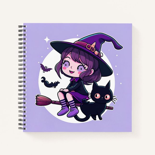 Cute Witch with a Broom Black Cat Bats Moon | Notebook (Front)