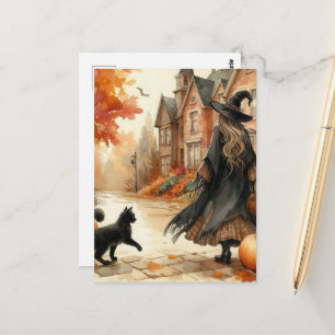 Cute Witch With Her Black Kitty Autumn Watercolor Postcard