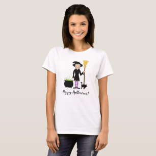 Cute Witch With Her Cat & Happy Halloween Text T-Shirt