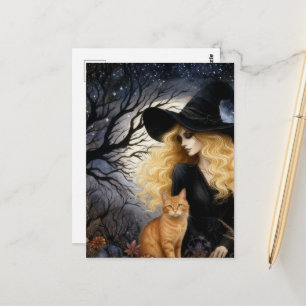 Cute Witch With Her Ginger Kitty Postcard