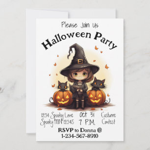 Cute Witch with Jack-o-lanterns and Kittens Invitation