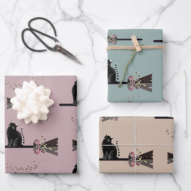 Cute Witches Floral Pink Broomstick Black Cat Wrapping Paper Sheet (Front)