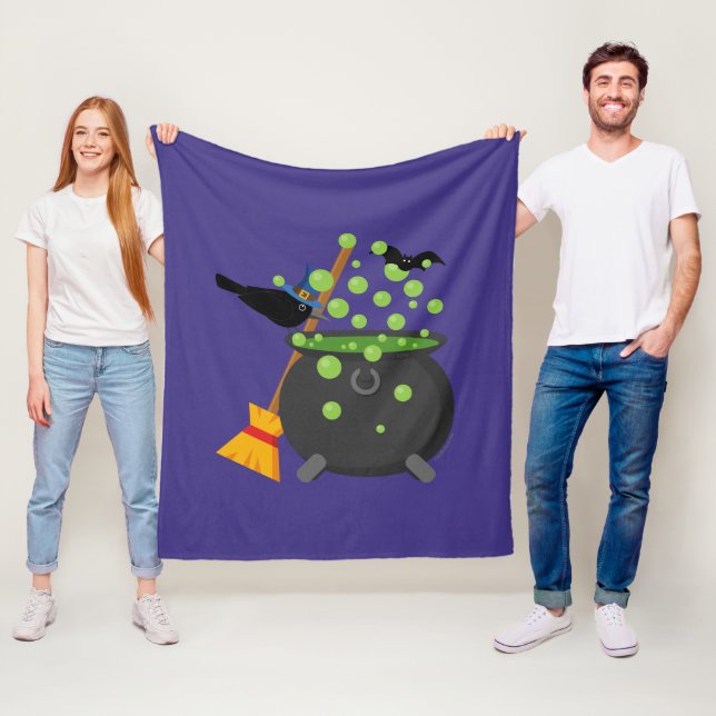 Cute Witch's Crow Looking Into A Bubbling Cauldron Fleece Blanket (In Situ)