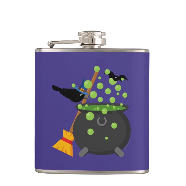 Cute Witch's Crow Looking Into A Bubbling Cauldron Hip Flask (Front)