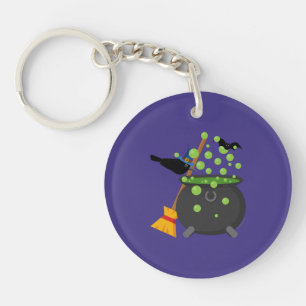 Cute Witch's Crow Looking Into A Bubbling Cauldron Keychain