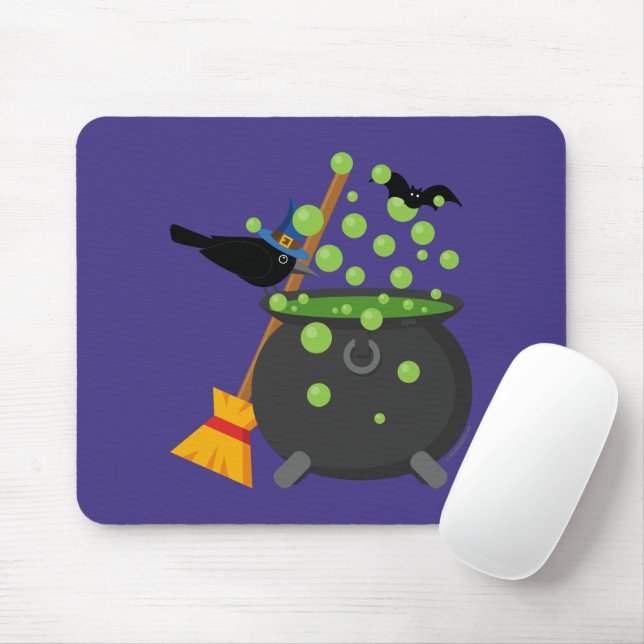 Cute Witch's Crow Looking Into A Bubbling Cauldron Mouse Pad (With Mouse)