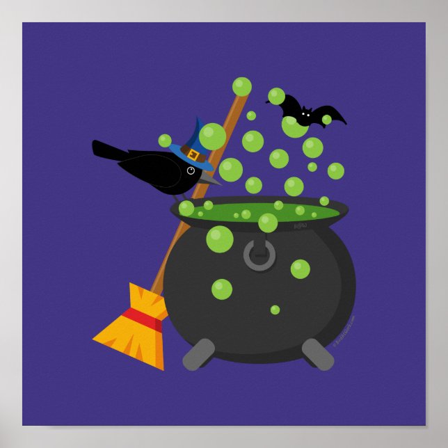 Cute Witch's Crow Looking Into A Bubbling Cauldron Poster (Front)