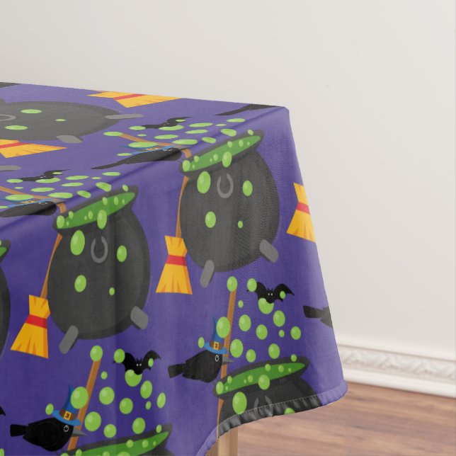 Cute Witch's Crow Looking Into A Bubbling Cauldron Tablecloth (In Situ)