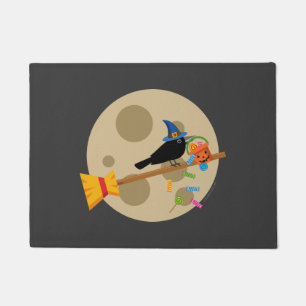 Cute Witch's Crow On A Broom Spreading Candies Doormat