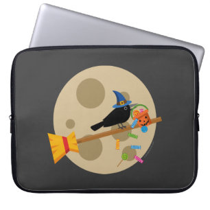Cute Witch's Crow On A Broom Spreading Candies Laptop Sleeve