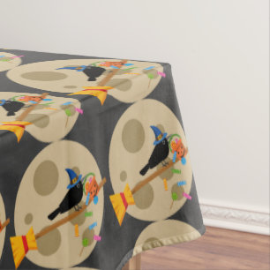 Cute Witch's Crow On A Broom Spreading Candies Tablecloth