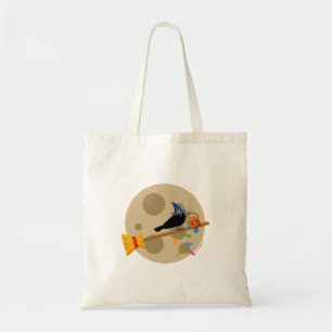 Cute Witch's Crow On A Broom Spreading Candies Tote Bag