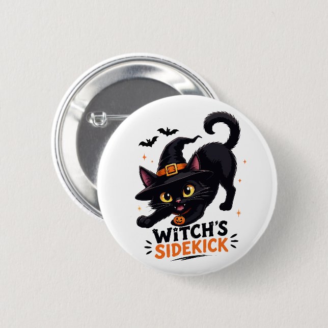 Cute Witch's Sidekick Black Cat Halloween 2 Inch Round Button (Front & Back)