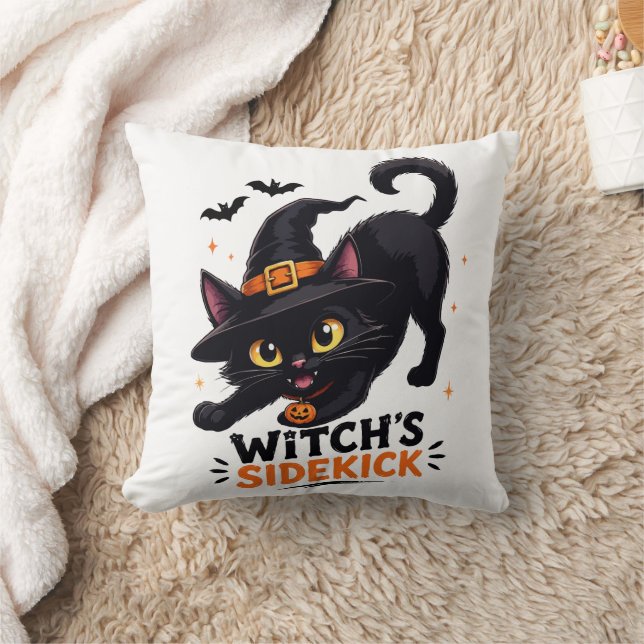 Cute Witch's Sidekick Black Cat Halloween Throw Pillow (Blanket)