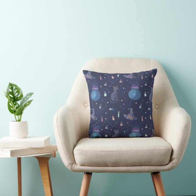 Cute Witchy Black Cat Pattern with Cauldrons & Pot Throw Pillow (Chair)