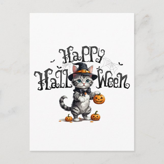 Cute Witchy Cat Halloween Postcard (Front)