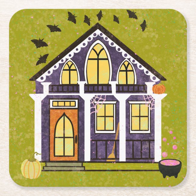 Cute Witchy Haunted Halloween Cottage  Square Paper Coaster (Front)