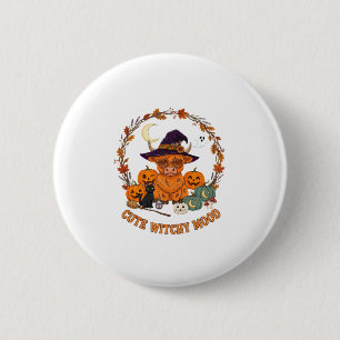 Cute Witchy Mood Halloween Highland Cow Black Cat 2 Inch Round Button