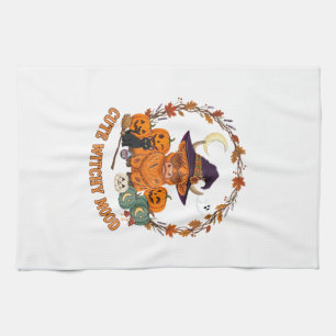 Cute Witchy Mood Halloween Highland Cow Black Cat Kitchen Towel