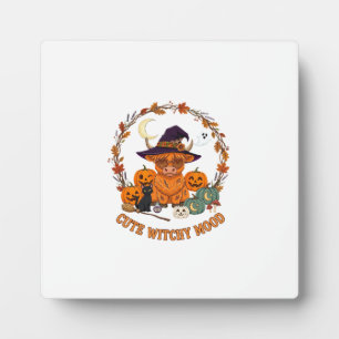 Cute Witchy Mood Halloween Highland Cow Black Cat Plaque