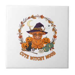 Cute Witchy Mood Halloween Highland Cow Black Cat Tile