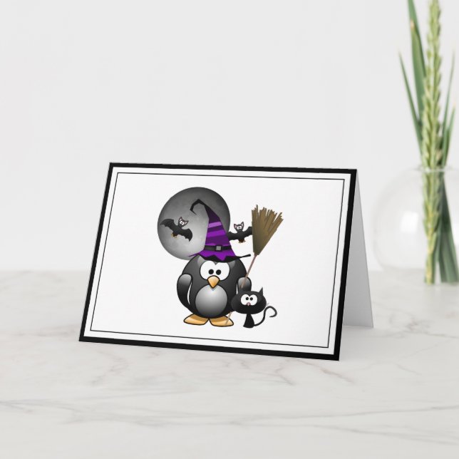 Cute Witchy Penguin with Halloween Scene Card (Front)