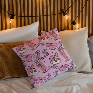 Cute Witchy Skull Pink Spooky Chic Halloween Throw Pillow