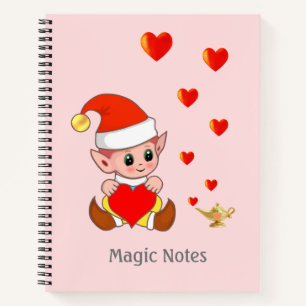 Cute wizard elf with love hearts on light pink notebook