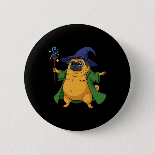 Cute Wizard Pug Dog Holding A Magic Staff 2 Inch Round Button (Front)