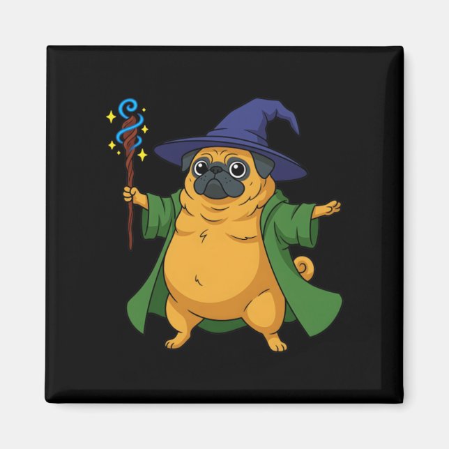 Cute Wizard Pug Dog Holding A Magic Staff Magnet (Front)