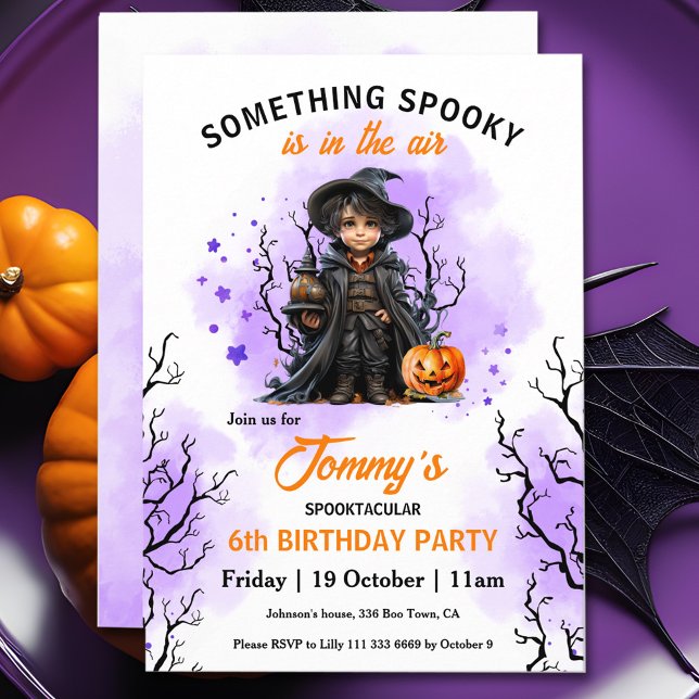 Cute Wizard Purple Orange Halloween Birthday Invitation (Cute Wizard Purple Orange Halloween Birthday Invitation)