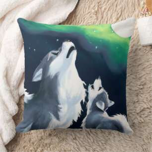 Cute Wolf and Pup Howl at Full Moon Throw Pillow
