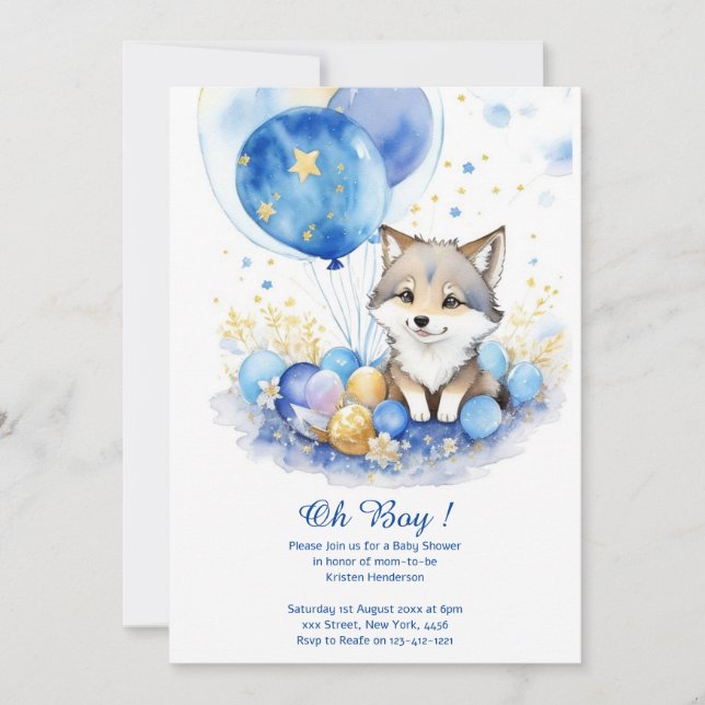 Cute Wolf Aquarelle Boy Baby shower Invitation (Devant)
