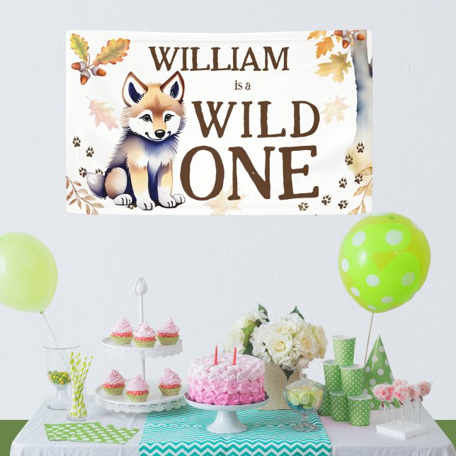 Cute wolf cub wild one woodlands birthday party banner (Wild one wolf themed birthday party banner wolf party decor cute fluffy wolf cub party decor banner)