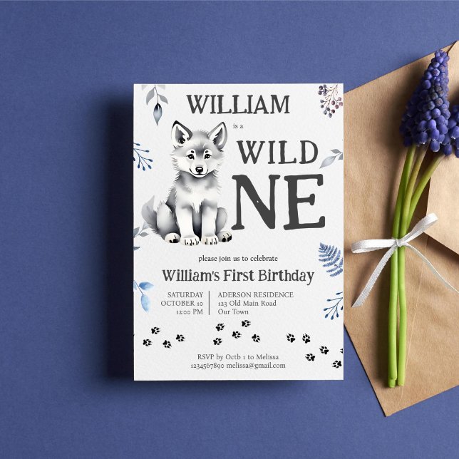 Cute wolf cub wild one woodlands birthday party invitation (Wild one cute fluffy wolf cub birthday party template invitation wolf woodlands themed birthday)