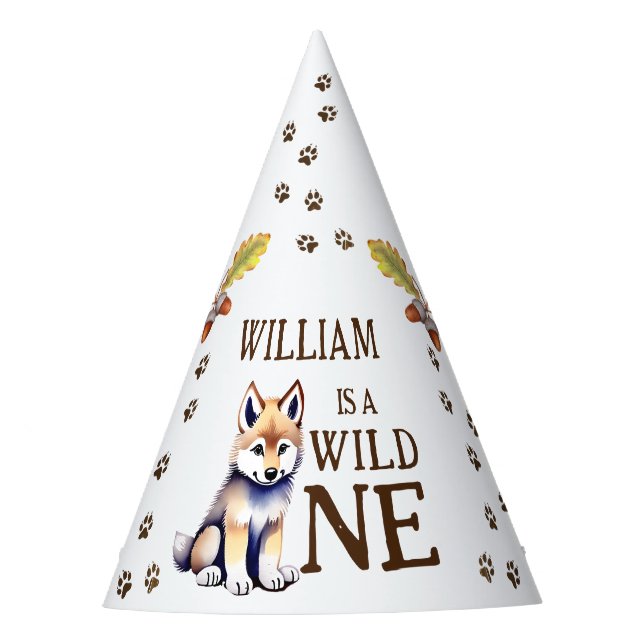 Cute wolf cub wild one woodlands birthday party party hat (Front)