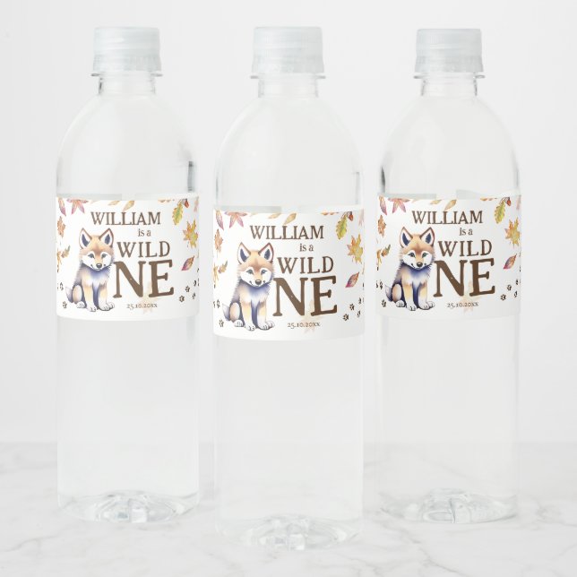 Cute wolf cub wild one woodlands birthday party water bottle label (Bottles)