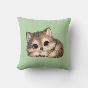 Cute Wolf Cub with Big Eyes Relaxing Woodland Anim Throw Pillow