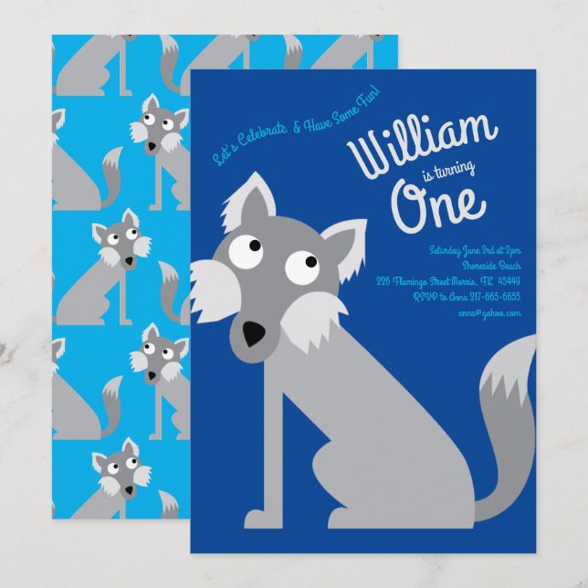 Cute Wolf Dog Kids 1st Birthday Party Invitation (Front/Back)
