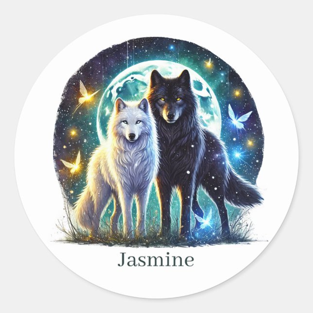 Cute wolf lovers animal customizable  classic round sticker (Front)