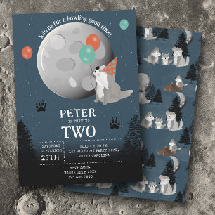 Cute Wolf Pack Woodland Moon Howling Birthday Invitation