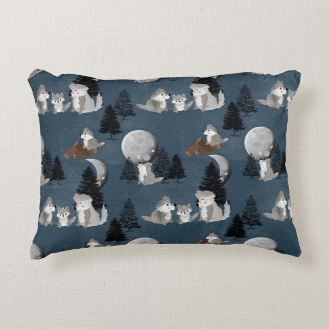 Cute Wolf Pack Woodland Night Baby Nursery Accent Pillow (Front)