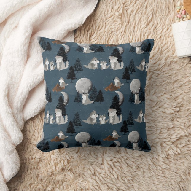 Cute Wolf Pack Woodland Night Baby Nursery Throw Pillow (Blanket)