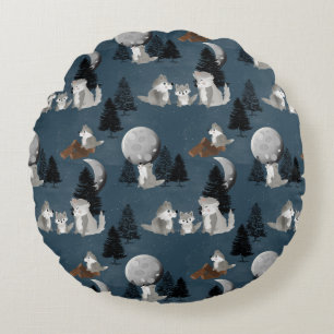 Cute Wolf Pack Woodland Night Kids Bedroom Round Pillow