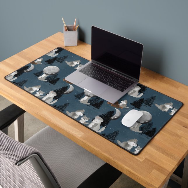 Cute Wolf Pack Woodland Night Sky Moon Desk Mat (Office 2)