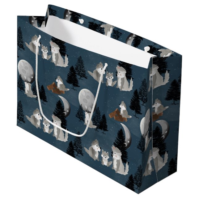 Cute Wolf Pack Woodland Night Sky Moon Large Gift Bag (Front Angled)