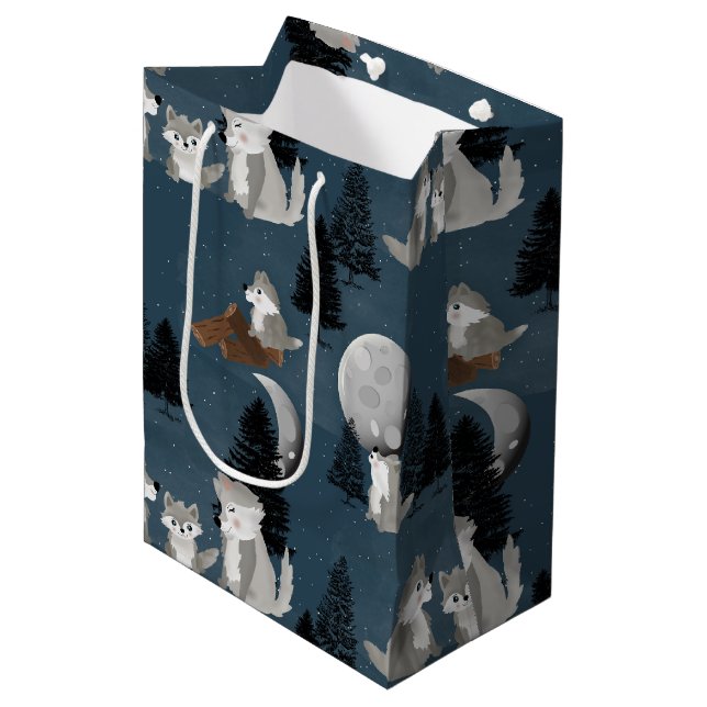 Cute Wolf Pack Woodland Night Sky Moon Medium Gift Bag (Front Angled)