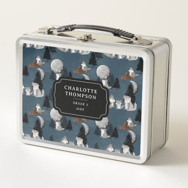 Cute Wolf Pack Woodland Night Sky Moon Metal Lunch Box (Front)