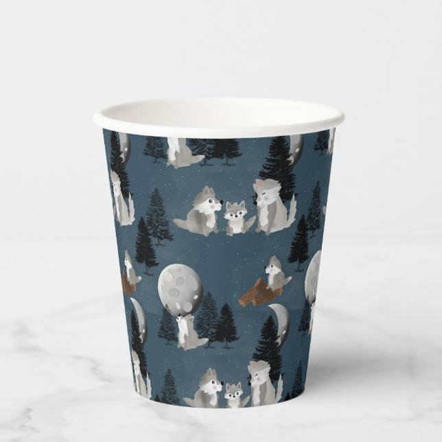 Cute Wolf Pack Woodland Night Sky Moon Paper Cups (Front)